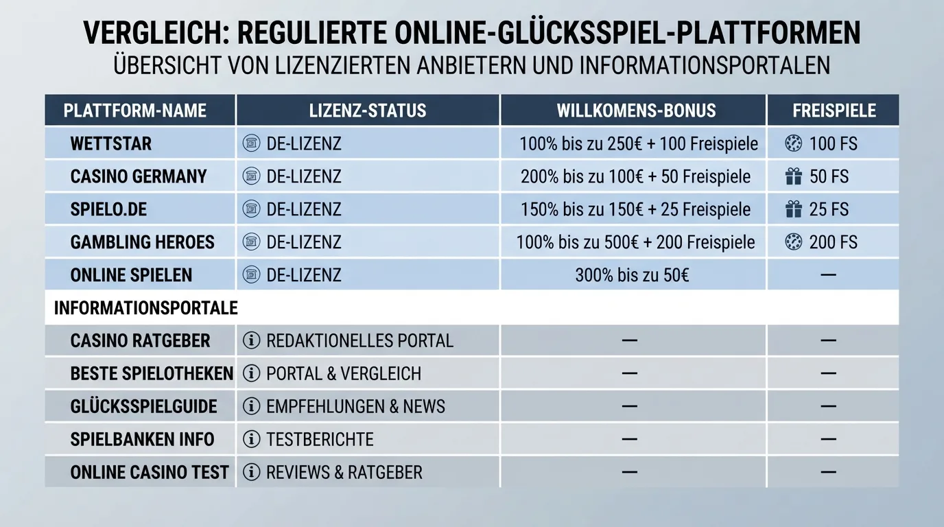 Übersicht der verglichenen Casinos mit Logo und Lizenzhinweis