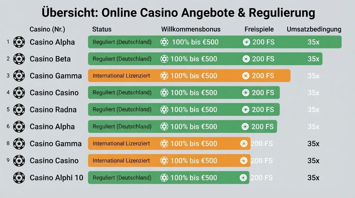 Stilisierte Vergleichstabelle mit Casino-Logos und farbigen Lizenz-Markern: grün für GGL, orange für Offshore-Anbieter