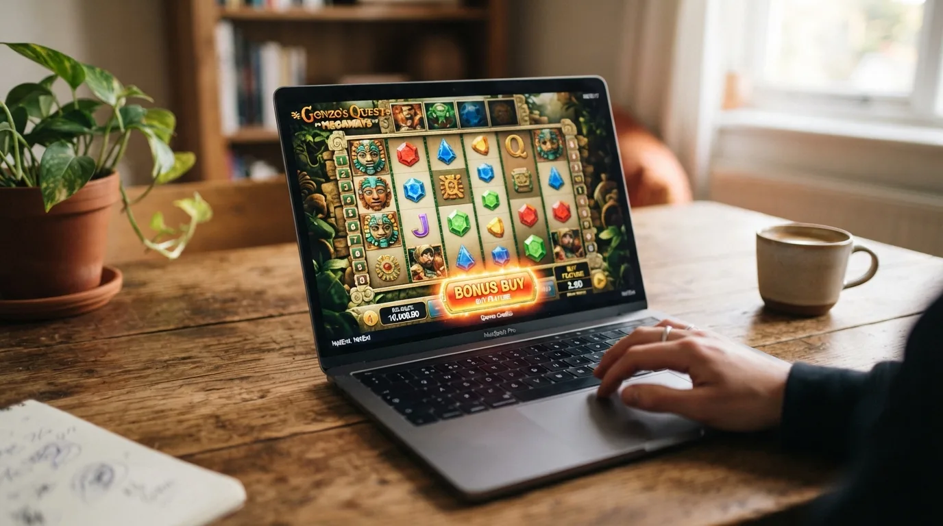 Bildschirm eines Bonus-Buy-Slots im Demo-Modus mit virtuellem Guthaben