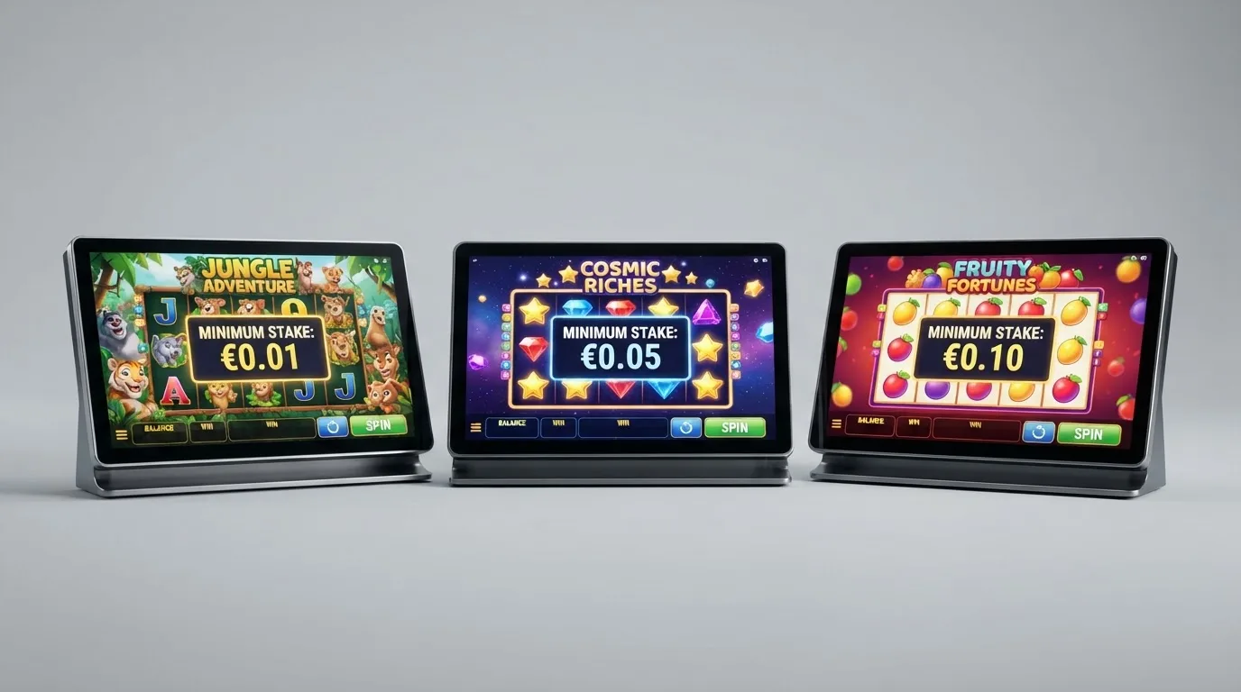 Drei Slot-Screenshots nebeneinander mit Mindesteinsatz 1 Cent, 5 Cent und 10 Cent Anzeige