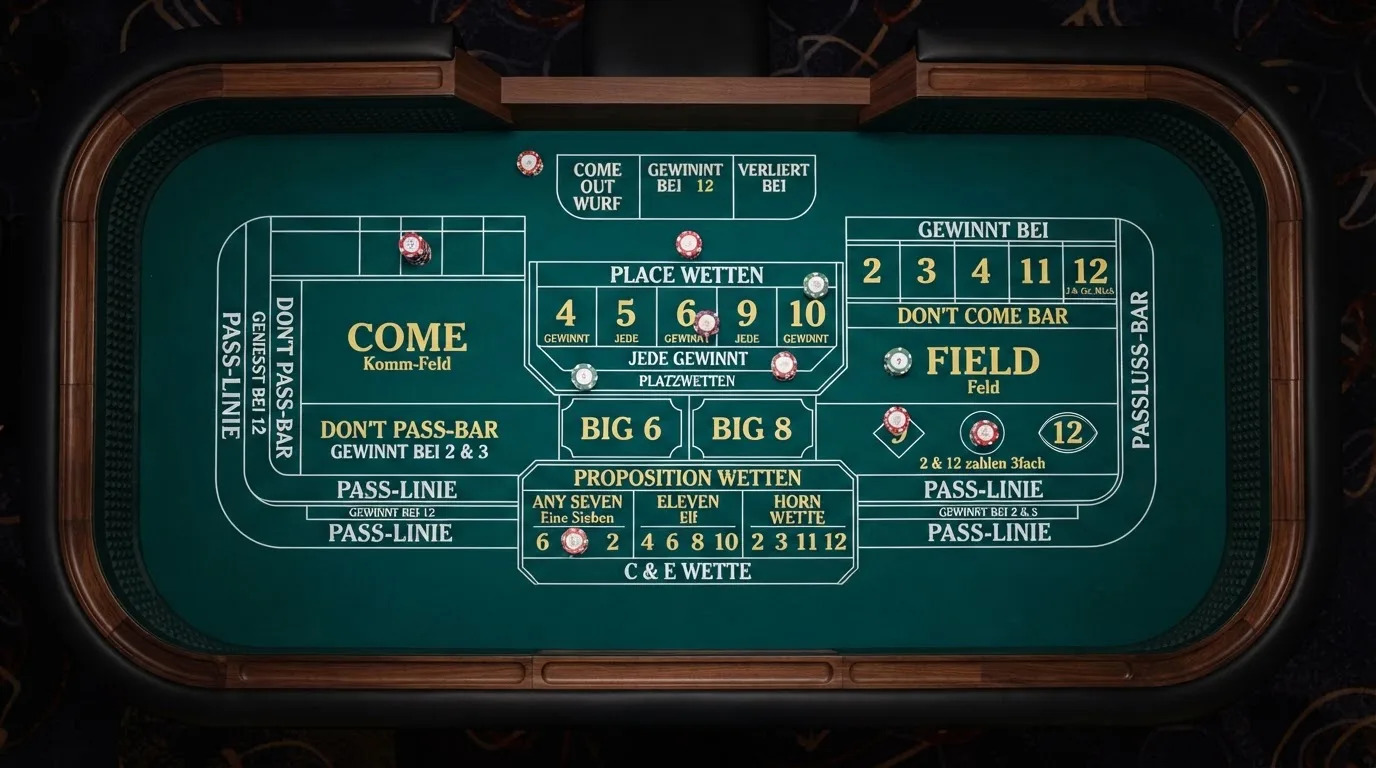 Craps-Tisch-Layout mit allen Wettbereichen beschriftet