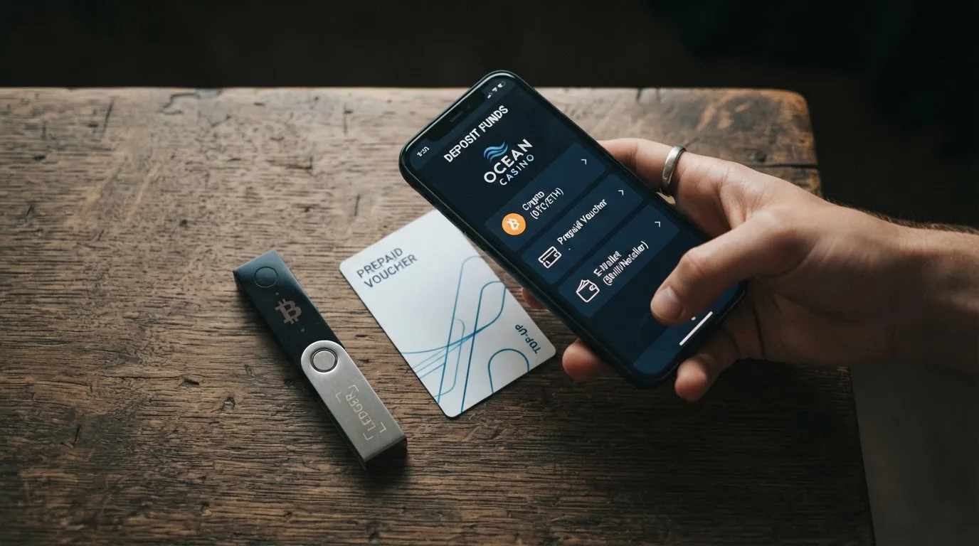 Drei Zahlungssymbole – Bitcoin, Paysafecard, E-Wallet – vor einem Offshore-Casino-Interface