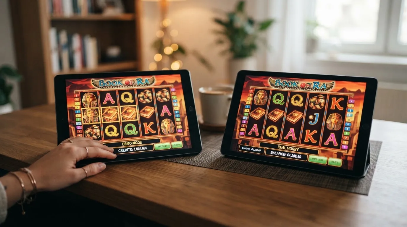 Split-Screen mit Demo-Modus links und Echtgeld-Modus rechts am gleichen Slot