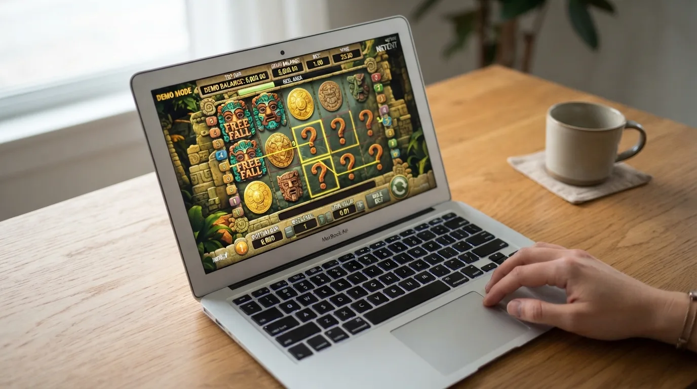 Der Demo-Bildschirm eines beliebten Spielautomaten mit virtuellem Münzguthaben und sichtbaren Gewinnlinien