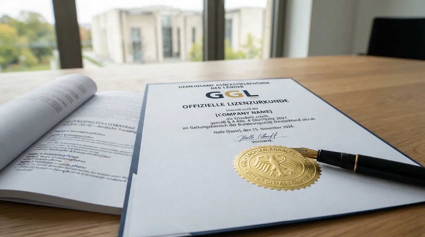 Offizielles GGL-Logo und GlüStV-2021-Dokument auf einem Schreibtisch