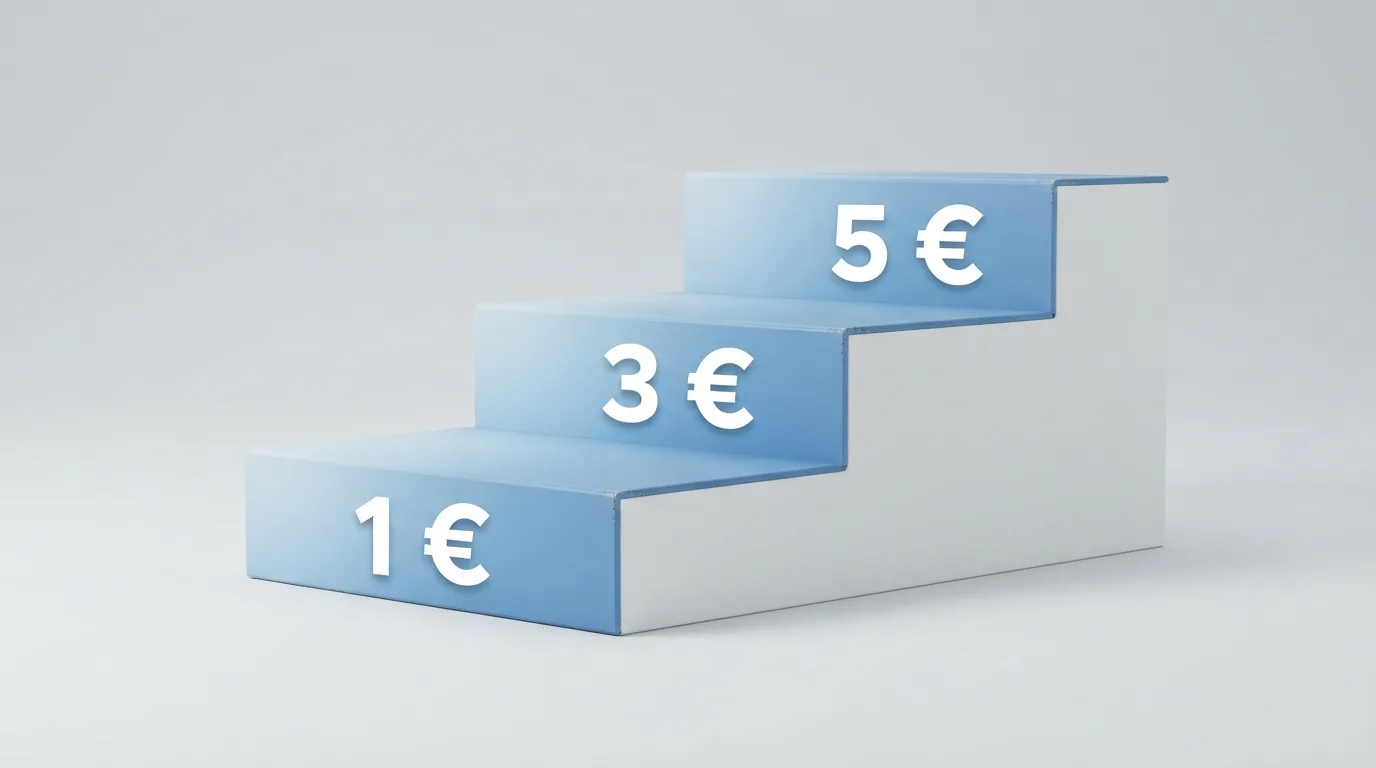 Treppengrafik mit drei Stufen: 1 € (alle Spieler) → 3 € (ab 21) → 5 € (ab 21 mit 90-Tage-Qualifikation)