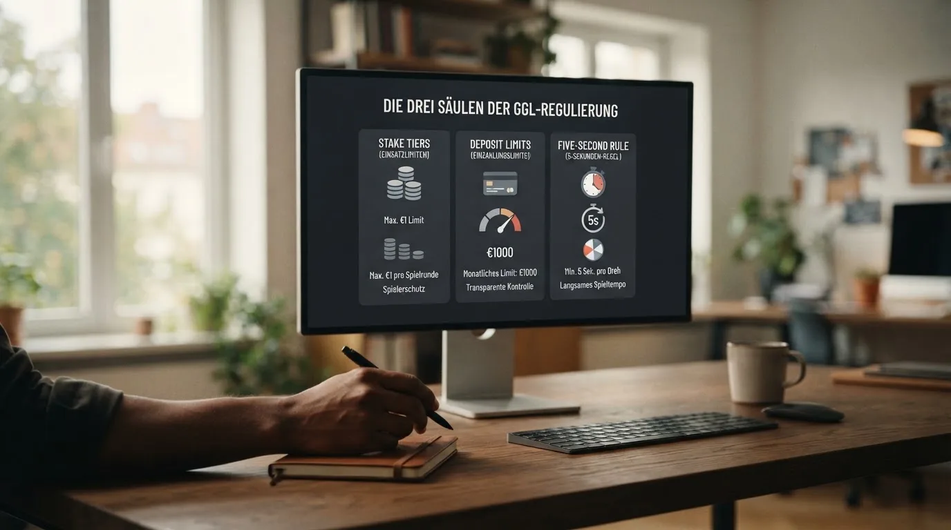 Infografik der drei Säulen des GGL-Regelwerks: Einsatzstaffel, Einzahlungslimit, Fünf-Sekunden-Pause