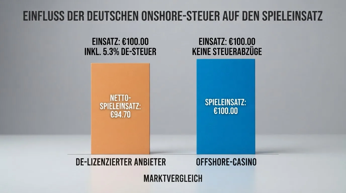 Balkendiagramm: gleicher €100-Einsatz, links im DE-Markt mit sichtbarem Steuerabzug, rechts im Offshore-Casino ohne