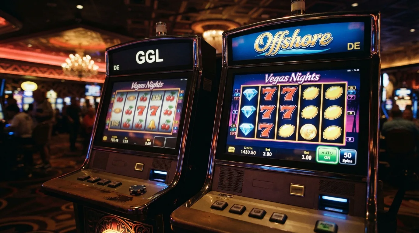 Gegenüberstellung: links ein GGL-lizenzierter Slot ohne Autoplay-Button, rechts ein Offshore-Slot mit aktiviertem Autoplay