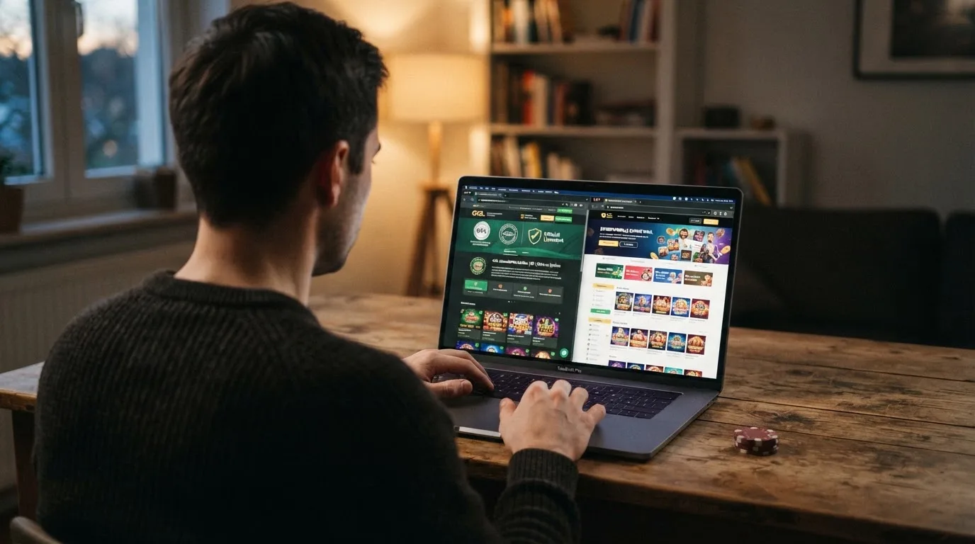 Ein Spieler am Schreibtisch zwischen zwei geöffneten Tabs, links ein GGL-Casino und rechts ein Offshore-Anbieter, in nachdenklicher Haltung
