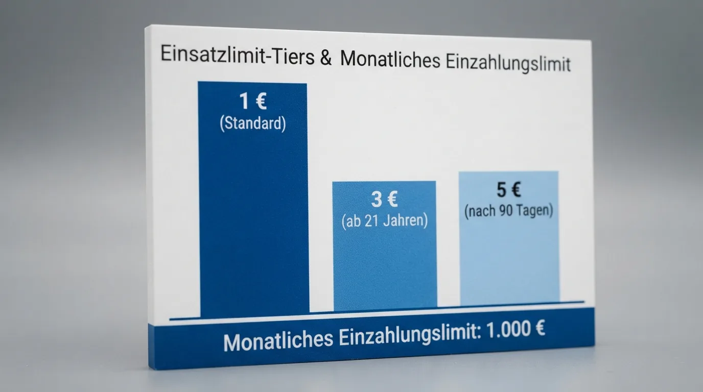 Grafische Darstellung der drei Einsatzlimit-Stufen (1 €, 3 €, 5 €) mit Voraussetzungen und des monatlichen Einzahlungslimits