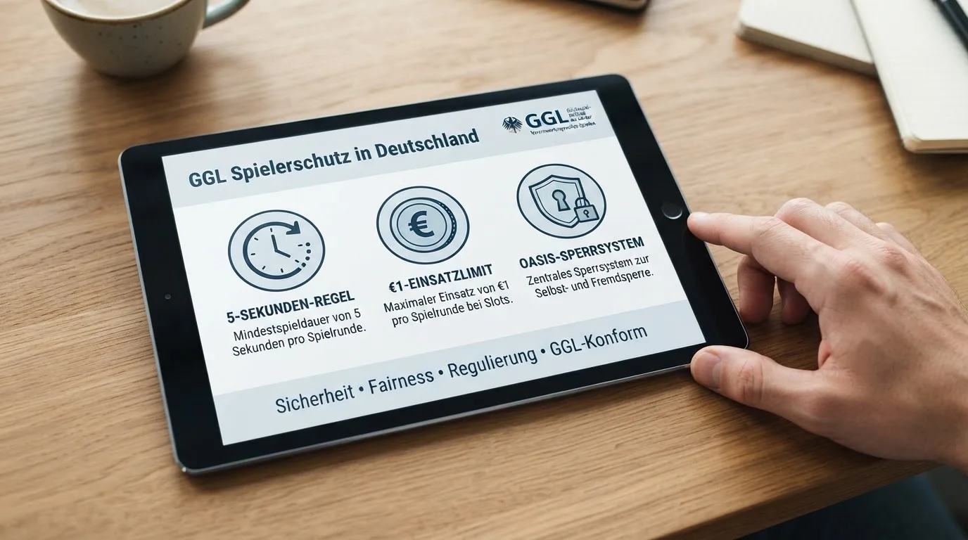 Infografik: GGL-Lizenz-Siegel mit den drei zentralen Schutzmechanismen (5-Sekunden-Regel, €1-Limit, OASIS) als Stichwort-Icons