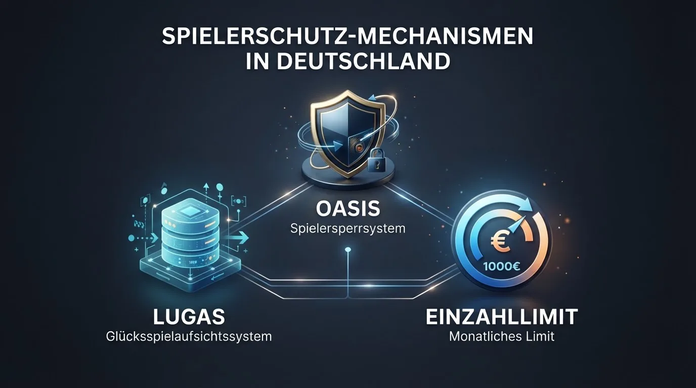 GGL-Logo und visualisierte Schutzmechanismen: OASIS, LUGAS, Einzahlungslimit