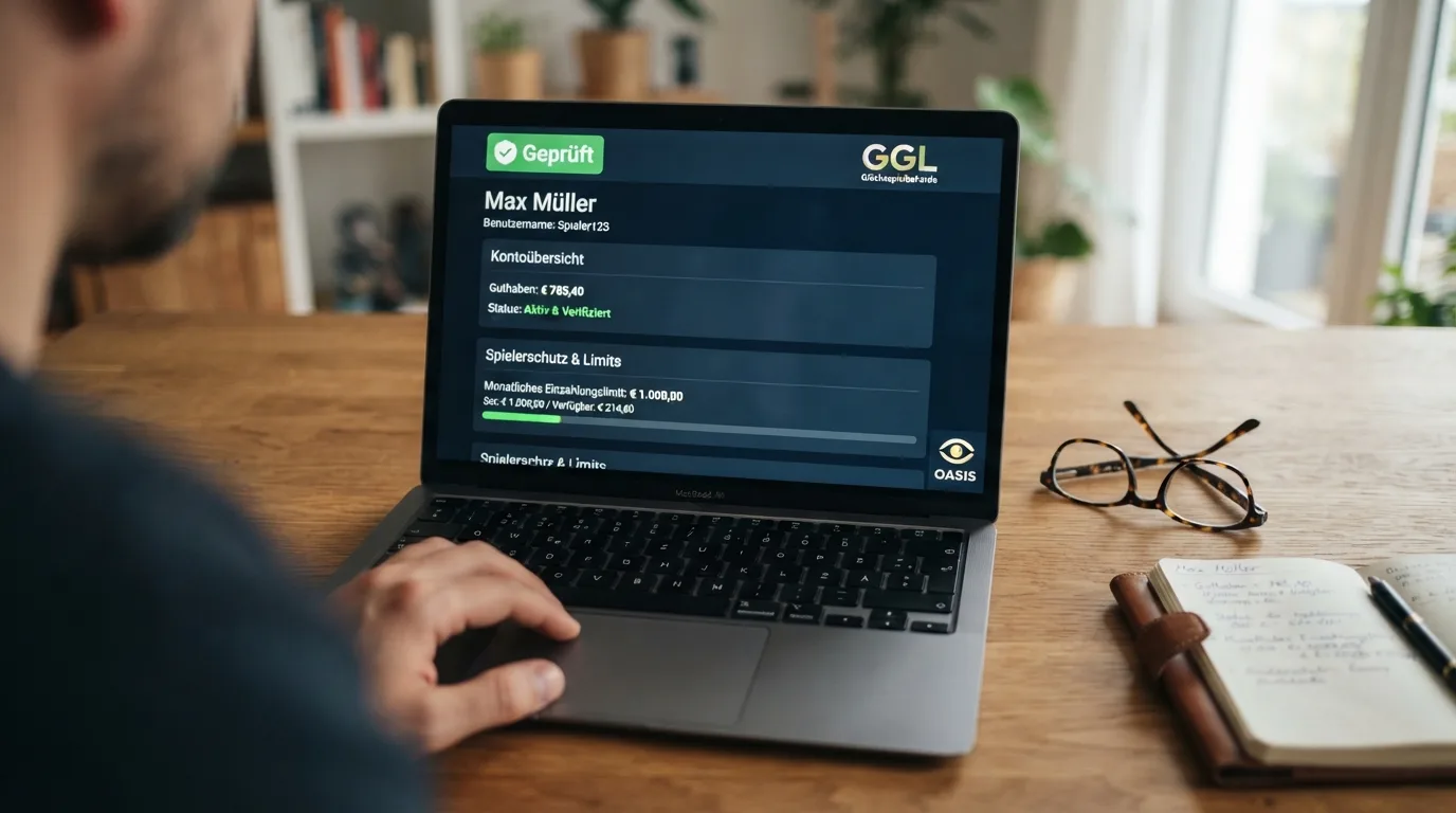 Dashboard eines Spielkontos mit Verifizierungsstatus „geprüft", Einzahlungslimit und OASIS-Symbol