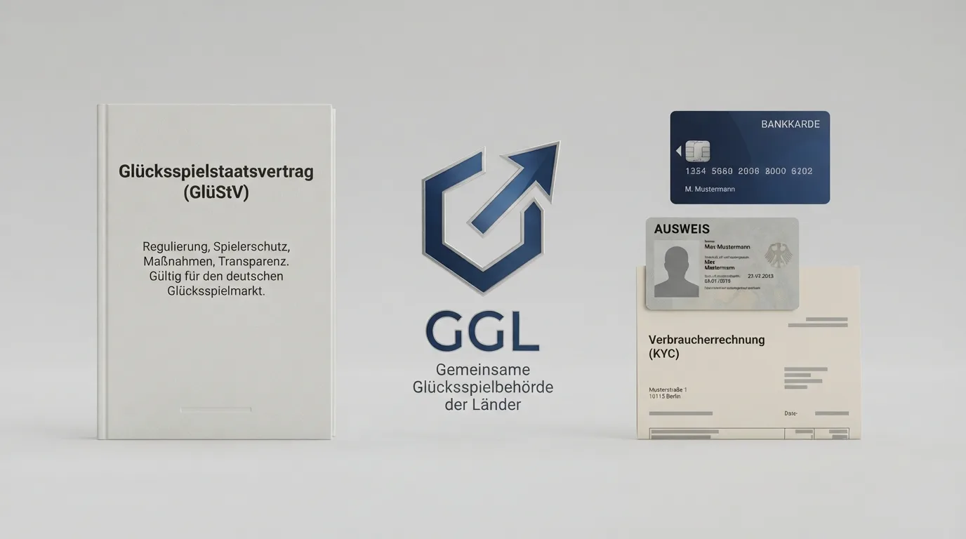 Das deutsche Glücksspiel-Regelwerk: GlüStV-Dokument, GGL-Logo und die drei KYC-Elemente Ausweis, Adressnachweis und Zahlungsnachweis