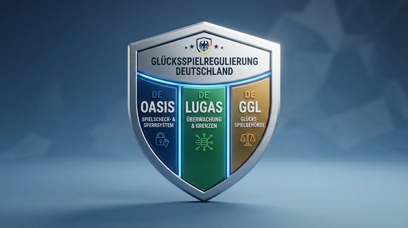Übersicht: die drei Säulen der deutschen Regulierung (OASIS, LUGAS, GGL) als Schutzschild-Grafik