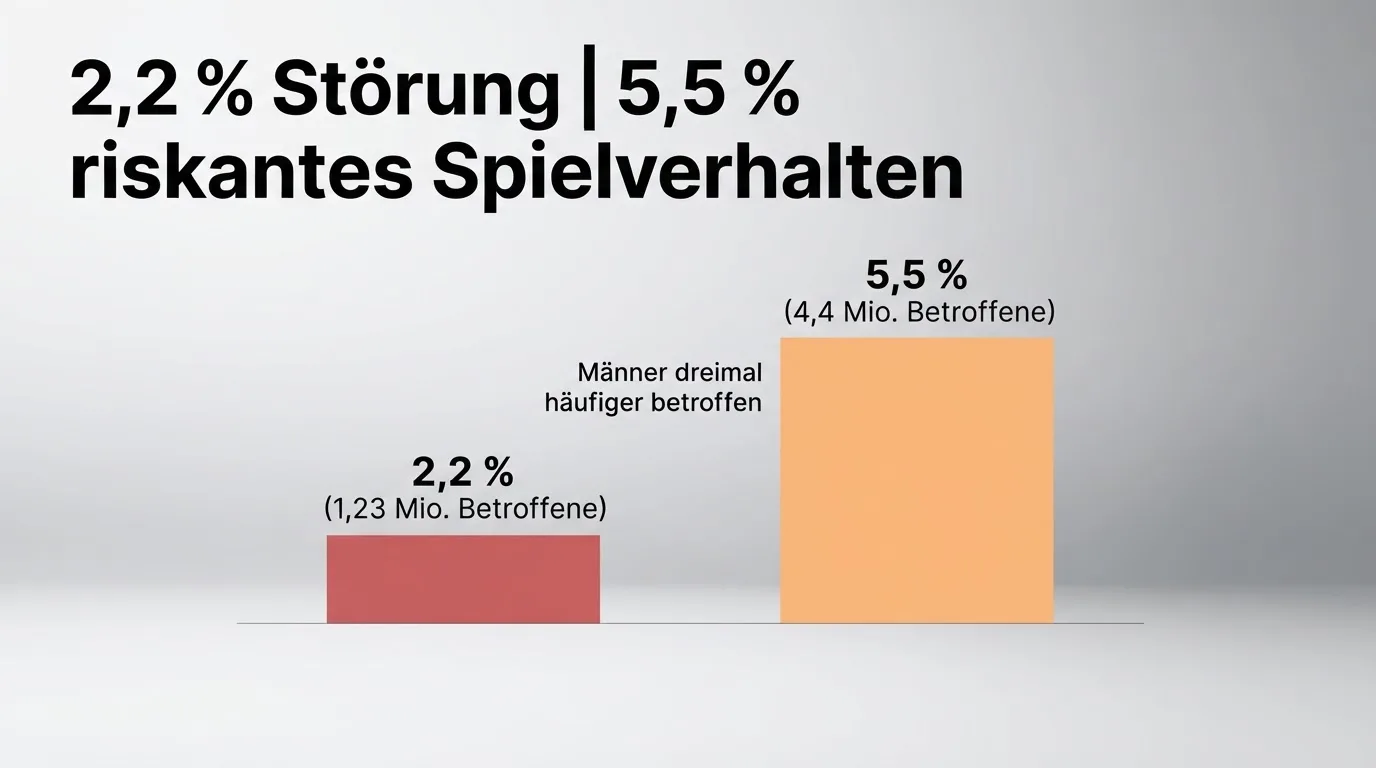 Infografik zur Glücksspielsucht in Deutschland: 2,2 % Störung, 5,5 % riskantes Spielverhalten, 1,23 Mio. Betroffene