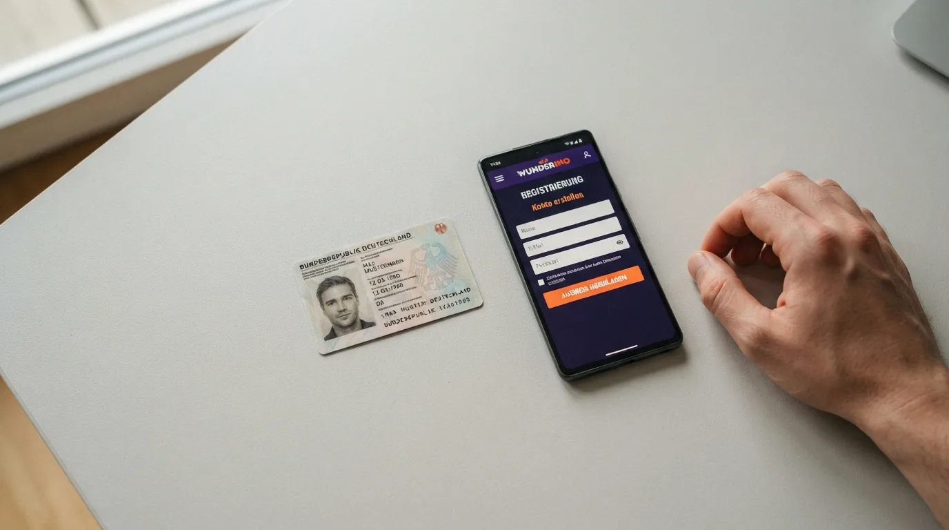 Nahaufnahme eines Personalausweises neben einem Smartphone mit geöffneter Casino-Registrierungsmaske und Upload-Feld