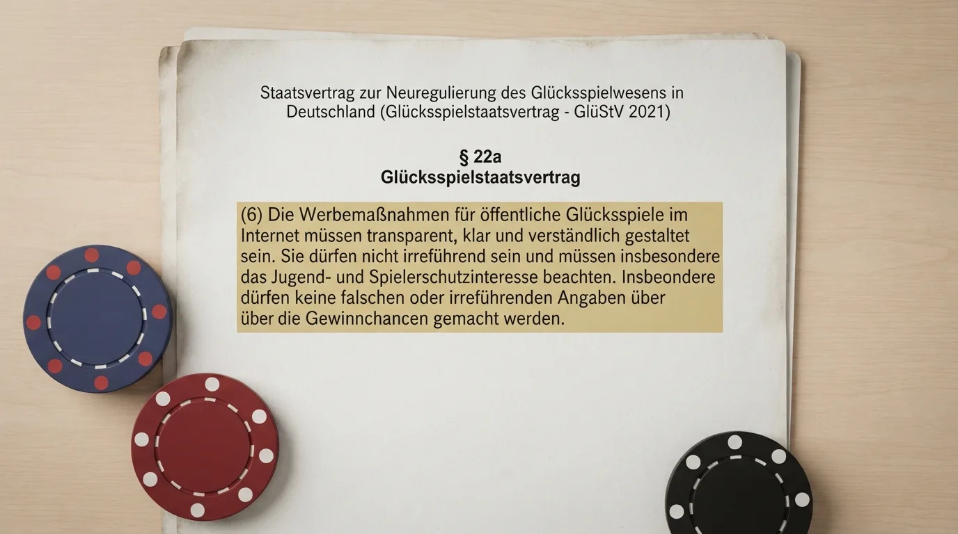Aufgeschlagene Seite des Glücksspielstaatsvertrags mit hervorgehobenem § 22a Absatz 6