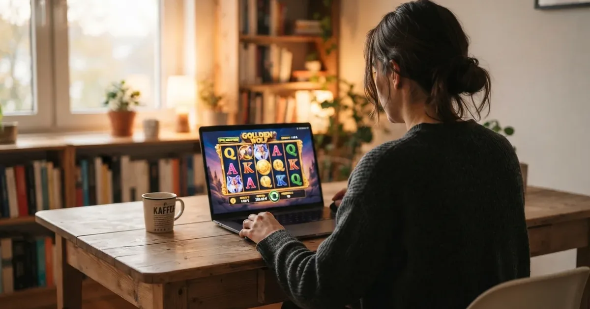 Eine Spielerin an einem Laptop mit geöffnetem Gratis-Slot — kein Login-Fenster, kein Registrierungsformular