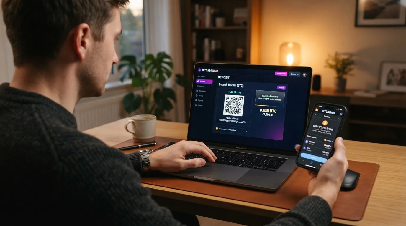 Krypto-Casino-Interface mit Bitcoin-Einzahlungsdialog und sichtbarer Wallet-Adresse