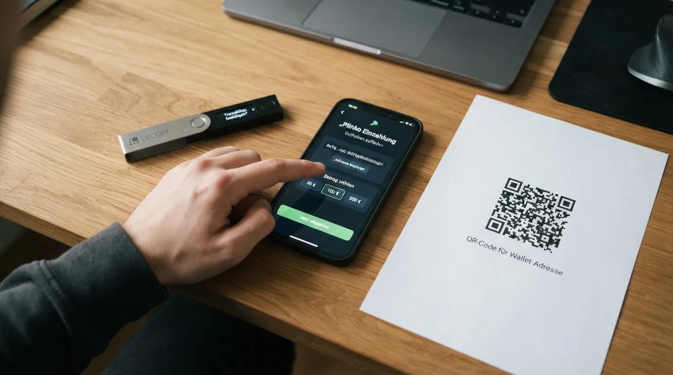 Bitcoin-Wallet, QR-Code und Plinko-Spielfeld auf einem Einzahlungsbildschirm
