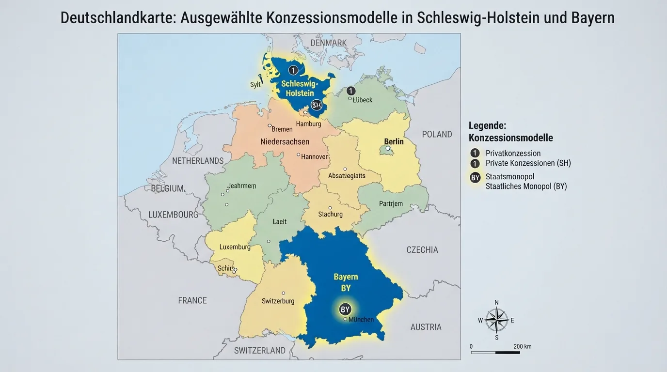 Schaubild der deutschen Bundesländer mit Hervorhebung von Schleswig-Holstein und Bayern als einzige Konzessionsgeber