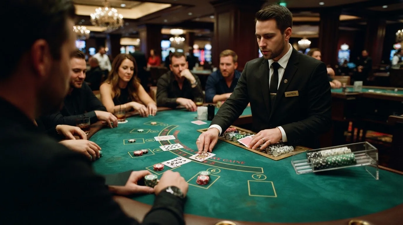 Live-Blackjack-Tisch mit Dealer, der Karten austeilt, und Spieler-Interface mit Wettoptionen