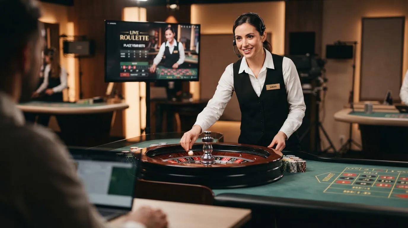 Live-Dealer am Roulette-Tisch aus Spielerperspektive, deutschsprachige Chat-Oberfläche am Bildschirmrand