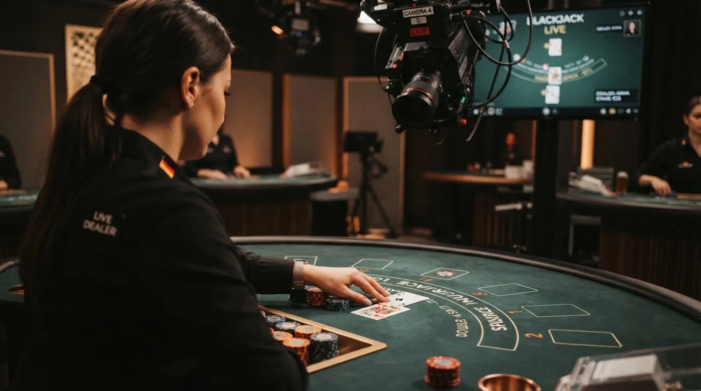 Live-Dealer-Tisch mit Einblendung „Landeslizenz Schleswig-Holstein / Bayern“