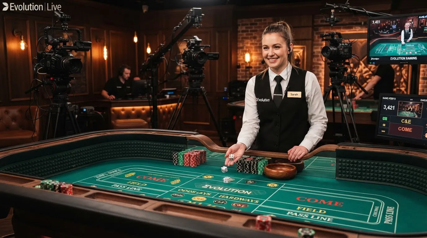 Evolution-Live-Craps-Studio mit Croupier am Tisch