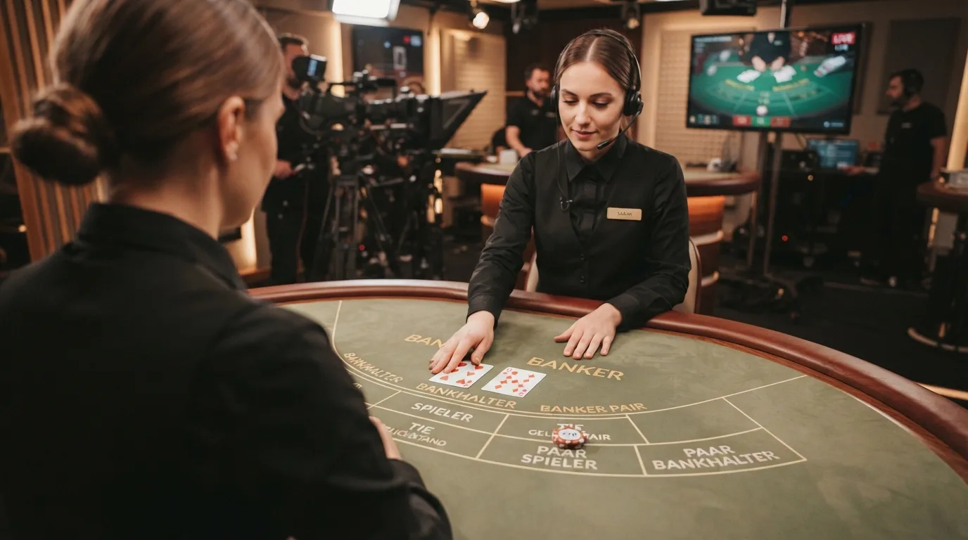 Croupier an einem Live-Dealer-Baccarat-Tisch mit eingeblendeten Wettoptionen
