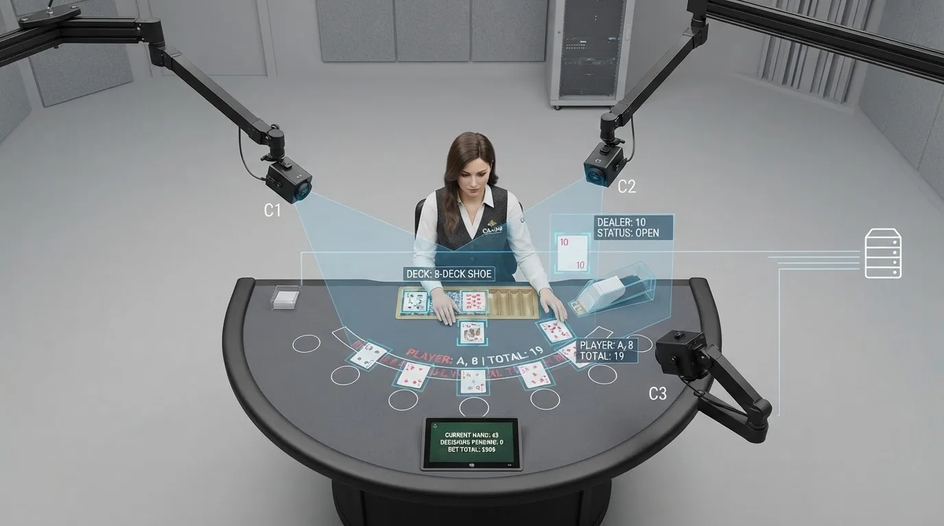 Aufbau eines Live-Casino-Studios: Kameras, Blackjack-Tisch, Monitor mit Wett-Interface