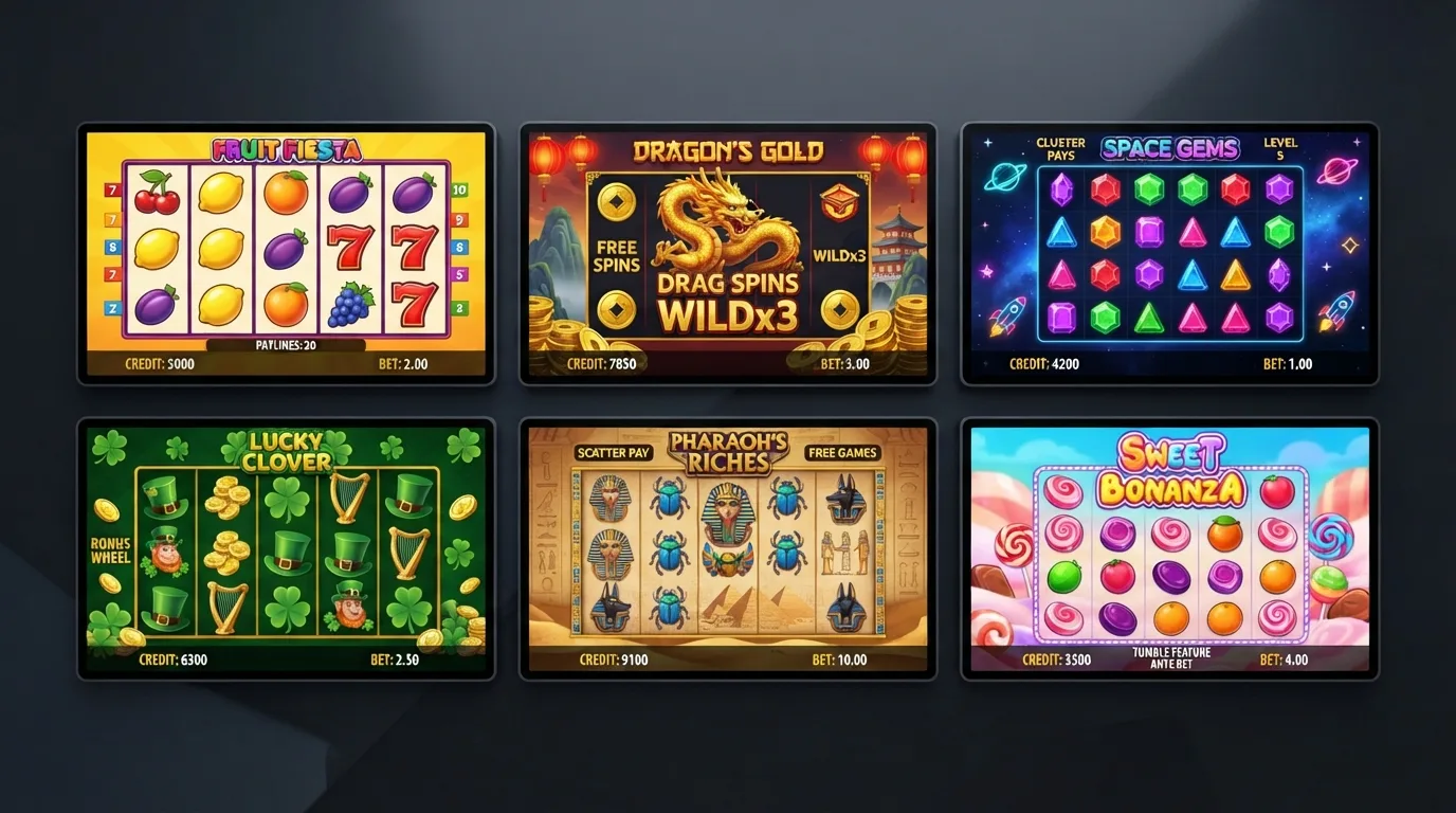 Raster der meistgesuchten Bonuskauf-Slots mit Entwicklerlogos