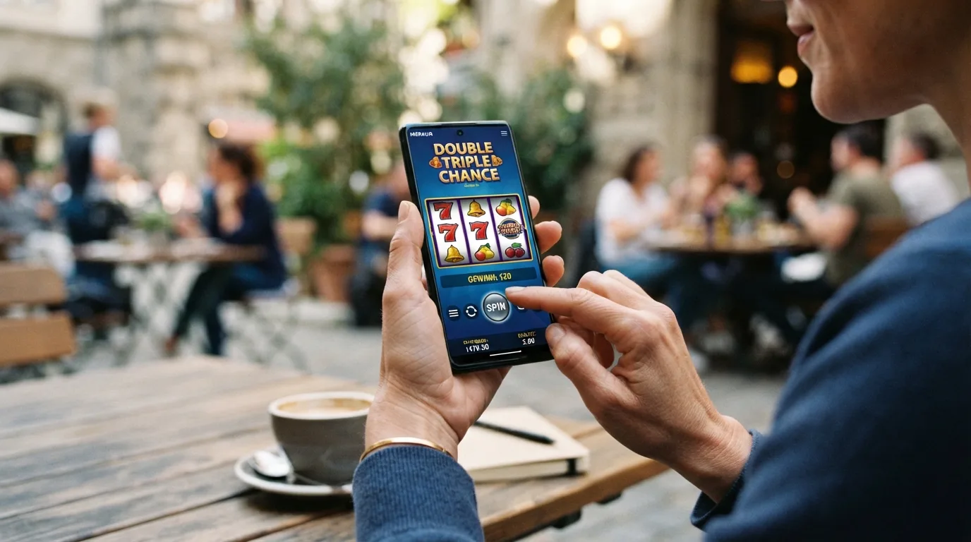 Smartphone mit geöffnetem Merkur-Slot im Browser neben einem App-Icon