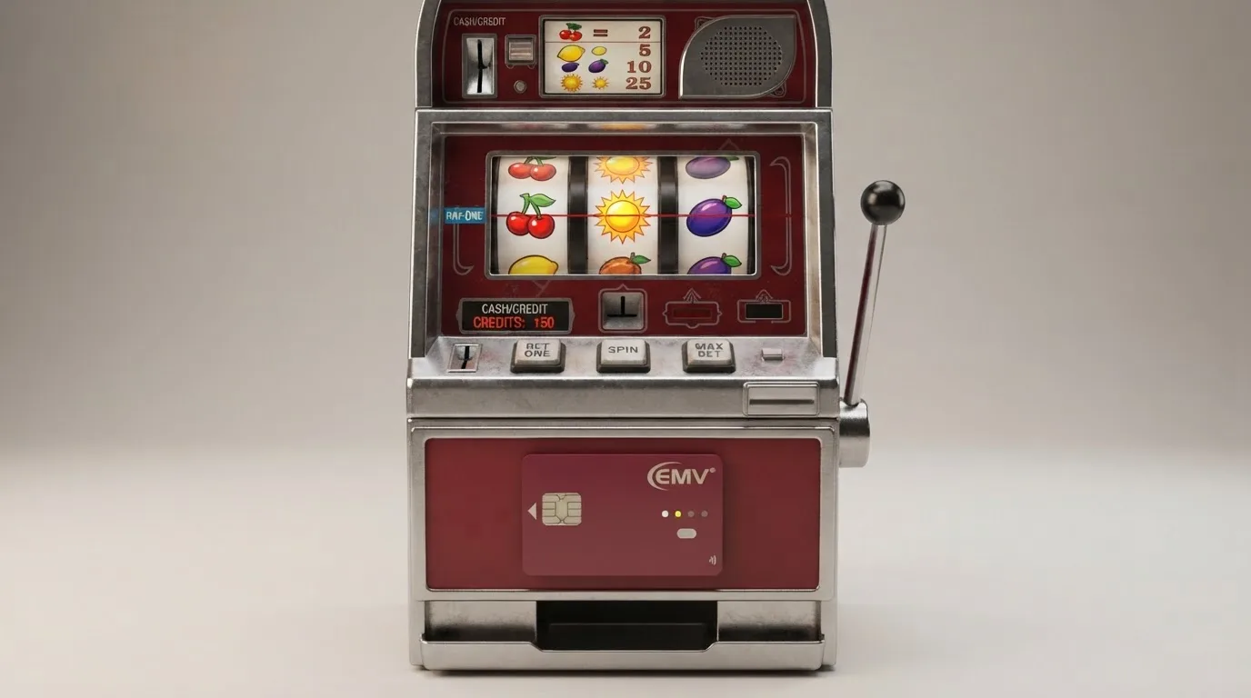 Klassischer Merkur-Früchteautomat mit Kirschen, Zitronen und Sonne-Symbol