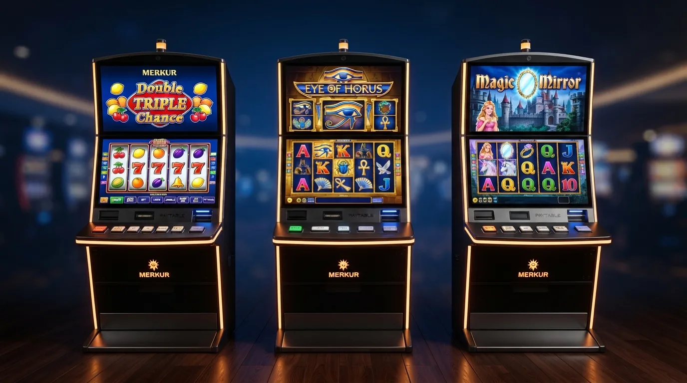 Drei geöffnete Merkur-Slots mit sichtbaren Walzen und klassischen Symbolen