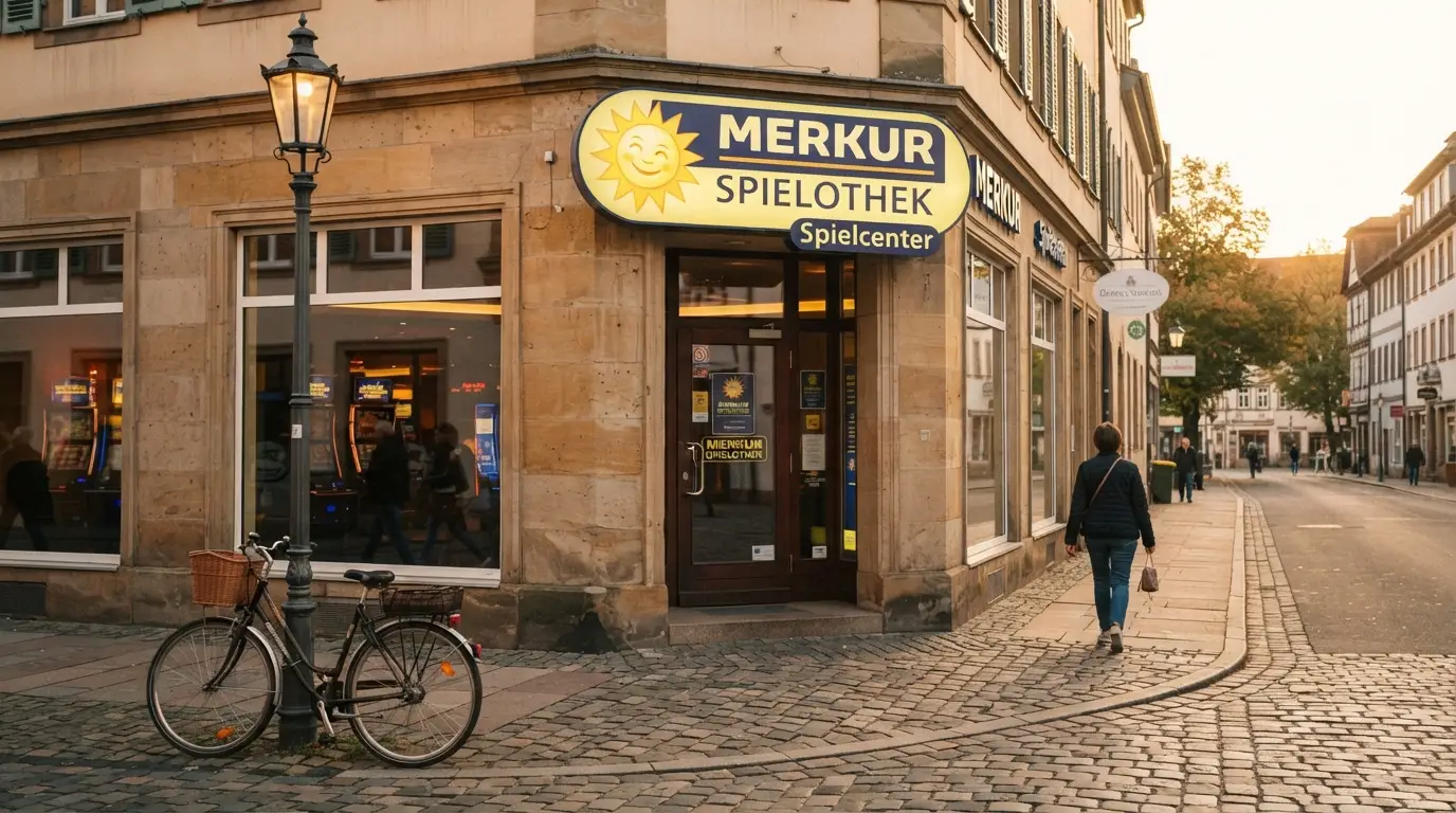 Außenansicht einer Merkur-Spielothek mit gelbem Merkur-Sonne-Schriftzug