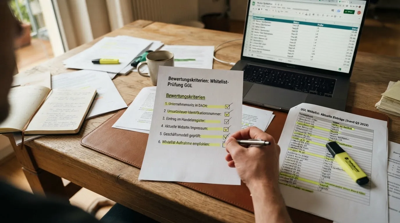 Schreibtisch-Perspektive: Dokumente, GGL-Whitelist-Ausdruck mit Markierungen, eine Checkliste der Bewertungskriterien