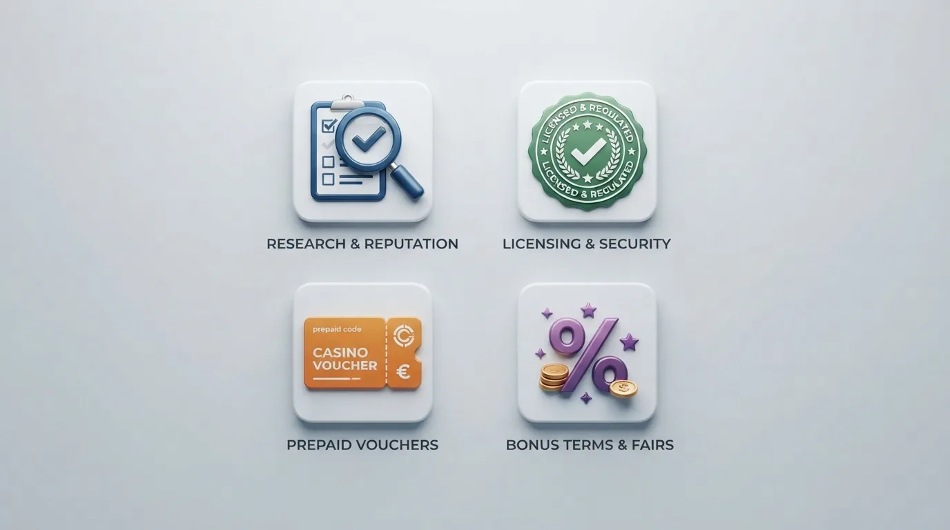 Prüfkriterien-Symbole (Lupe, Lizenz-Siegel, Paysafecard-Logo, Bonus-Prozent) in einer Bewertungsmatrix