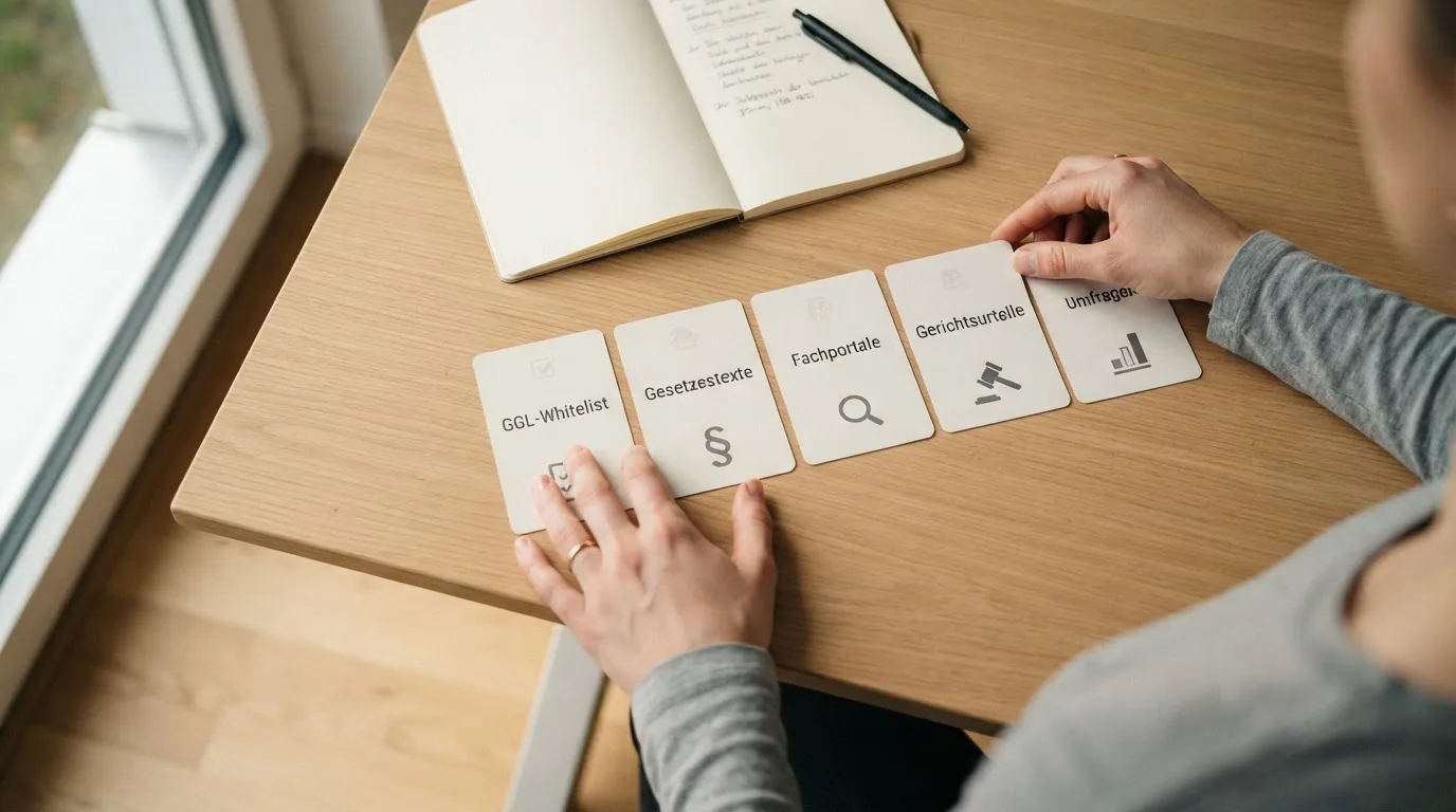 Darstellung der genutzten Quellen: GGL-Whitelist, Gesetzestexte, Fachportale, Gerichtsurteile
