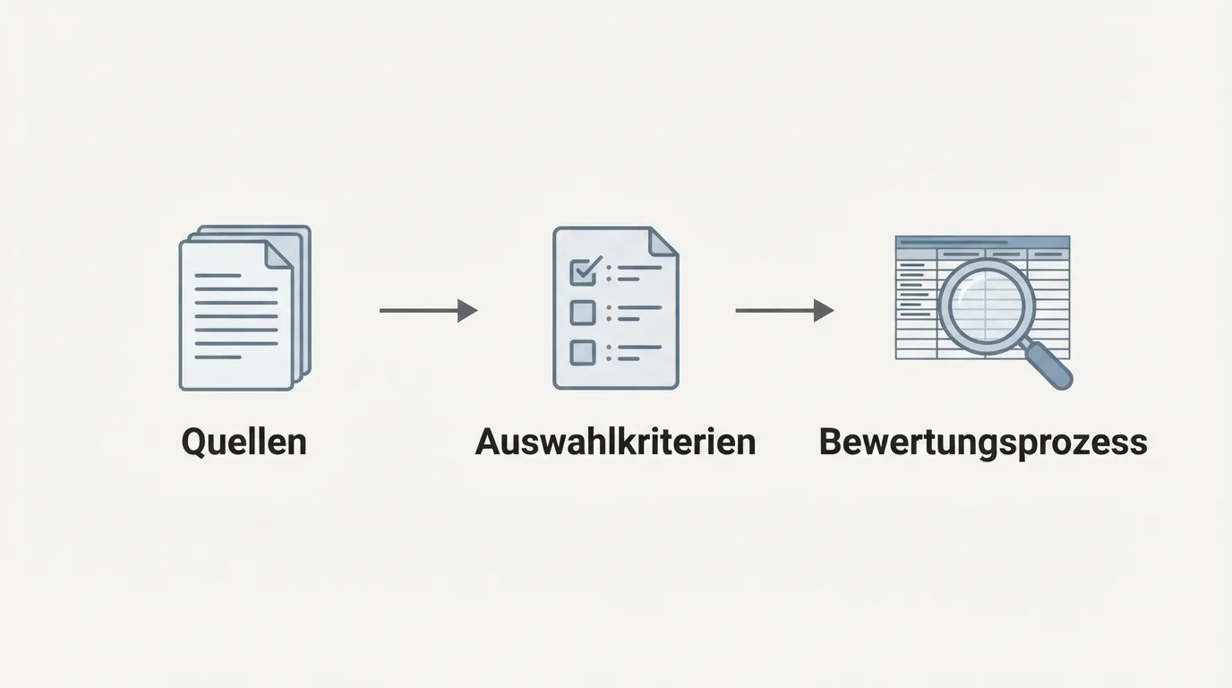 Schaubild: Quellen, Auswahlkriterien und Bewertungsprozess im Überblick