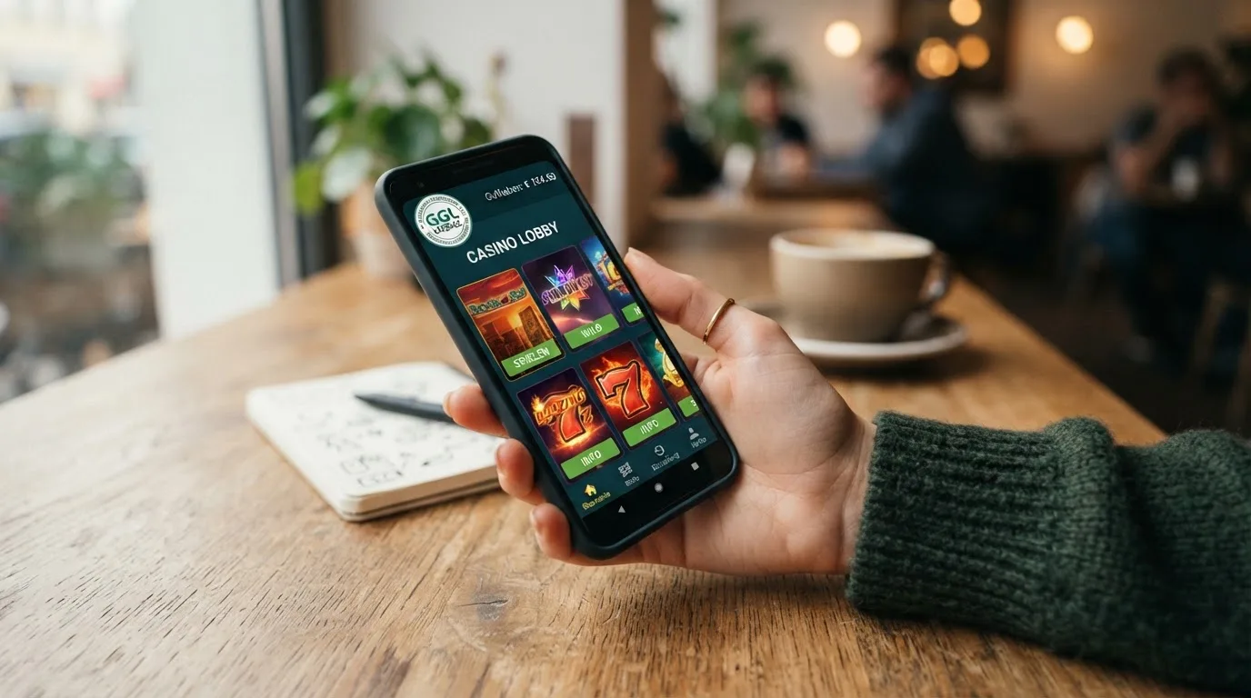 Smartphone mit geöffneter Casino-Web-App und GGL-Siegel daneben