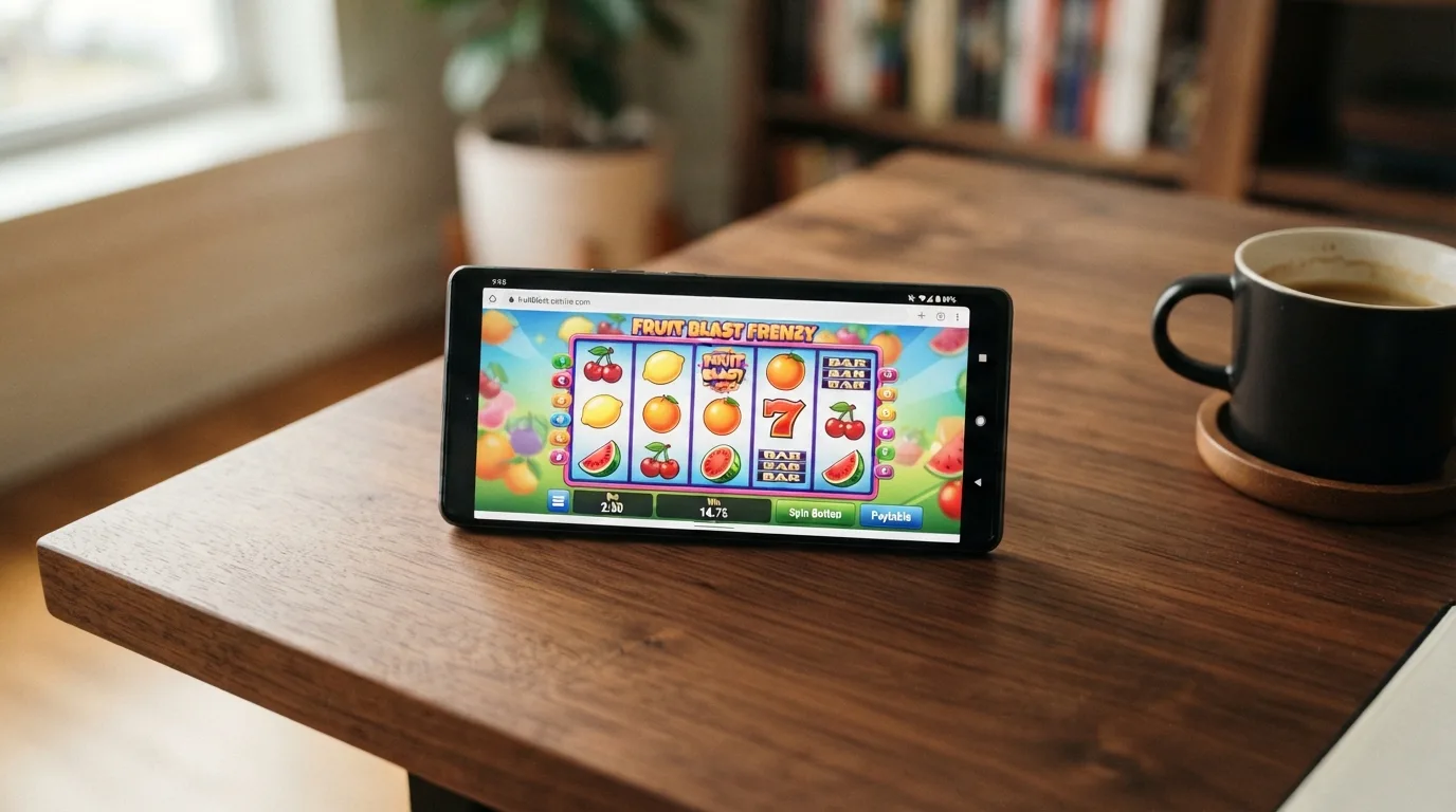 Smartphone im Querformat mit geöffnetem Browser und laufendem Slot-Spiel