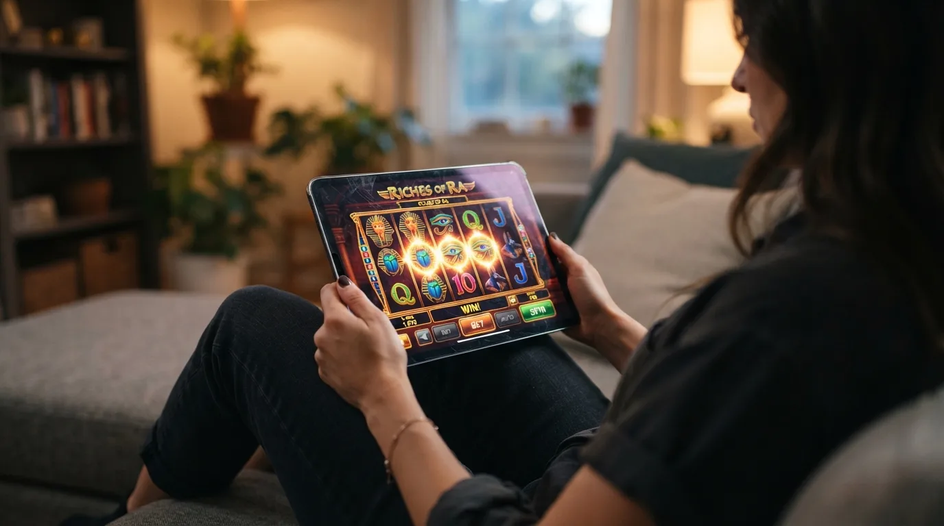 Smartphone mit geöffnetem Curacao-Casino im mobilen Browser, daneben ein Tablet mit demselben Spiel