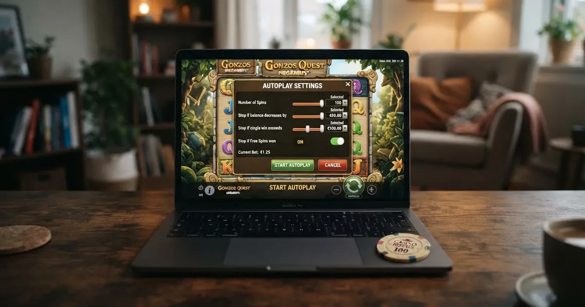 Screenshot des Autoplay-Einstellungen-Panels eines Online-Slots mit sichtbaren Parametern für Spins, Stopp-Bedingungen und Einsatz
