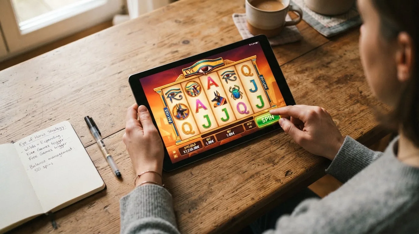 Demo-Modus von Eye of Horus mit Spielgeld-Anzeige und Hinweis auf das Freispiel-Feature