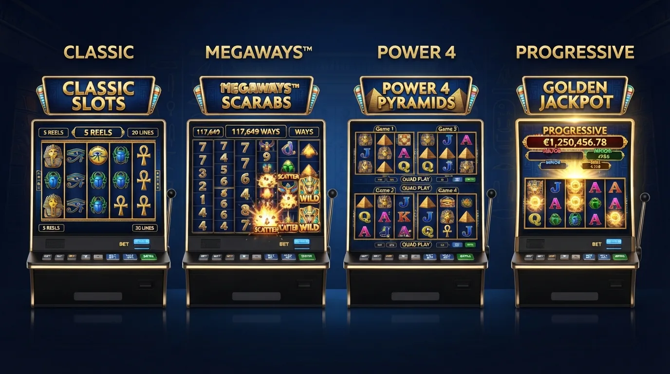 Vier Screenshots der Eye of Horus Varianten Classic, Megaways, Power 4 und Jackpot King nebeneinander