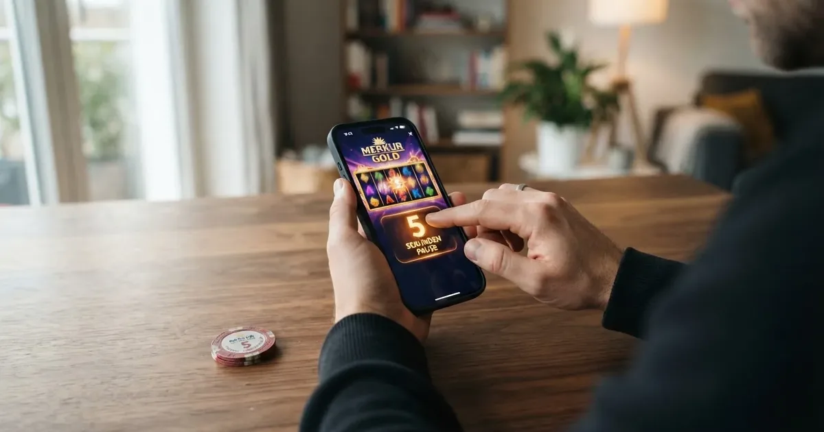 Spielerin vor einem Slot-Bildschirm mit sichtbarem Fünf-Sekunden-Timer in der Spielpause