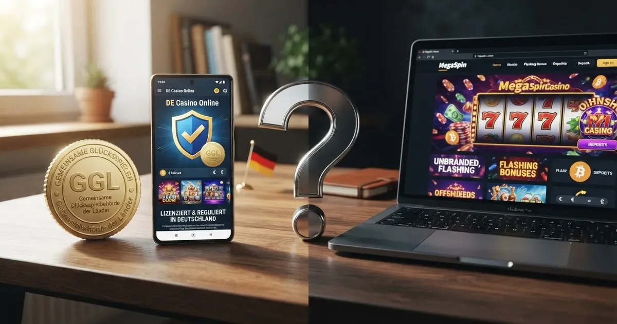 Hero-Bild: GGL-Lizenzsiegel neben einem Smartphone mit Casino-App, dazwischen ein Fragezeichen – die zwei Welten des deutschen Glücksspielmarkts